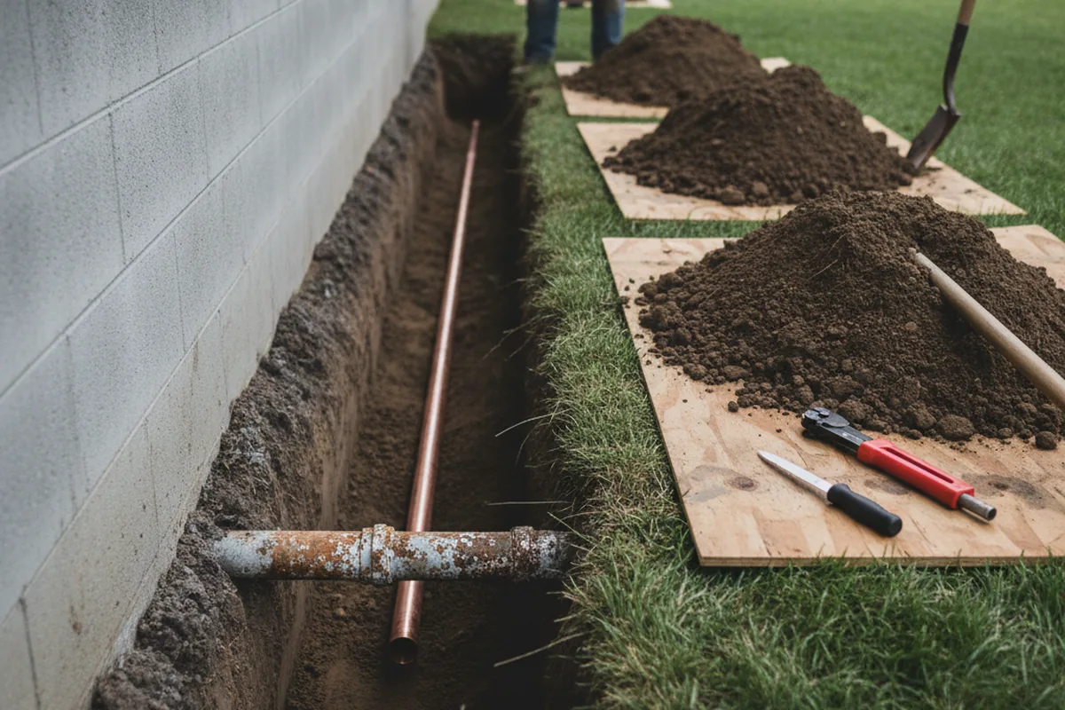 Excavated water line trench during Water Softener Installation in Atlas